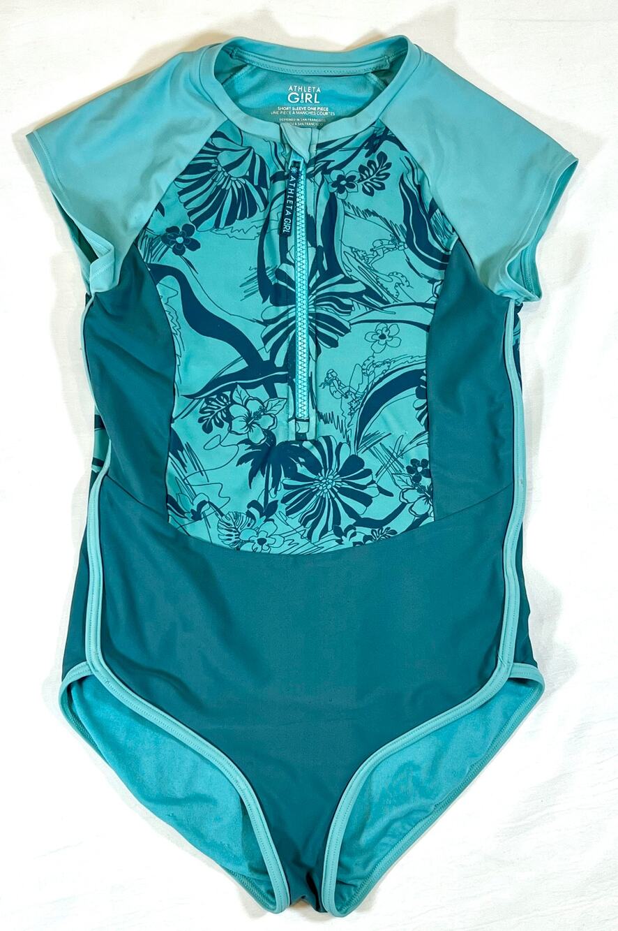 Athleta Girl Short Sleeve One Piece Swimsuit – Teal Floral Front-Zip - Size L/12